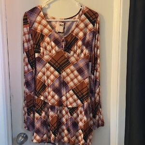 SO Women's Long Sleeve Plaid Dress - Brown and Purple